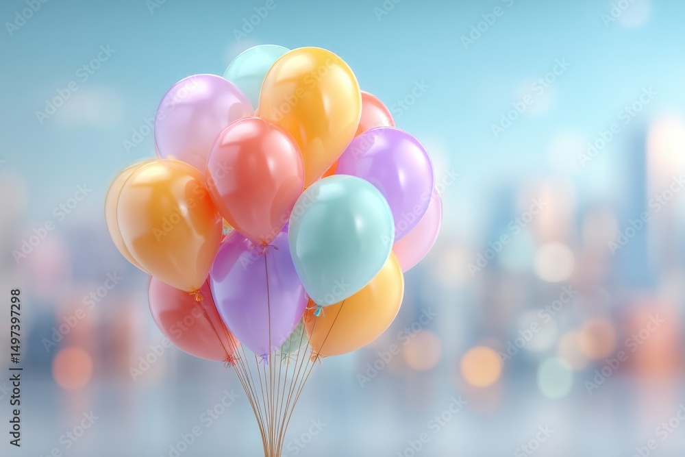 Poster a vibrant bunch of colorful balloons floating against a soft bokeh cityscape backdrop, celebrating j