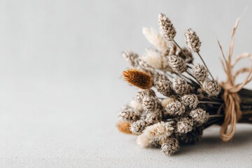 A close-up studio shot of a delicate and artistic bouquet of dried wildflowers, featuring rustic brown twine and a soft grey backdrop creating a calming and neutral aesthetic.