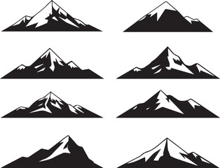 Bold Black and White Mountain Vector Set with Sharp Peaks and Snowcaps &ndash; Iconic Nature Silhouettes