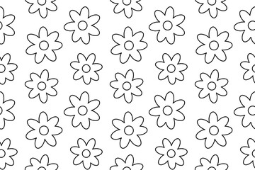 Outline summer seamless coloring page with daisy flowers. Floral vector pattern. For entertaining kids, DIY craft, summertime black and white design of wrapping paper, item and clothing, or wallpaper.