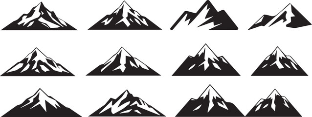 Obraz premium Bold Black and White Mountain Vector Set with Sharp Peaks and Snowcaps – Iconic Nature Silhouettes