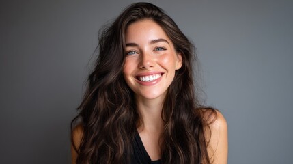 Naklejka premium A young woman with long dark hair is smiling joyfully, showcasing her vibrant personality in a minimalistic studio during the afternoon. The relaxed atmosphere highlights her natural beauty.