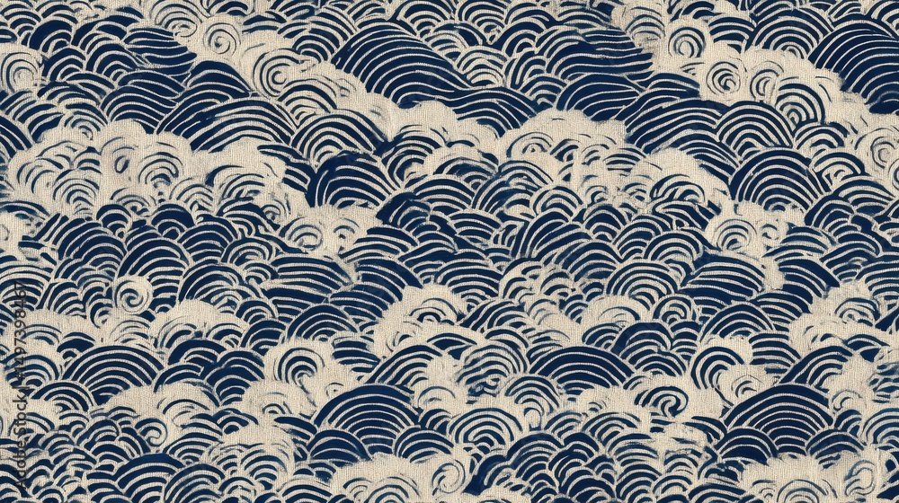 Poster a blue and white patterned fabric with waves