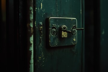 Old Vintage Door Lock with Rusty Hardware and Dark Background