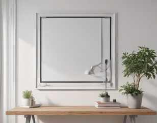 White wall, framed poster hanging on clips, home setting, surface, advertising, wallpaper