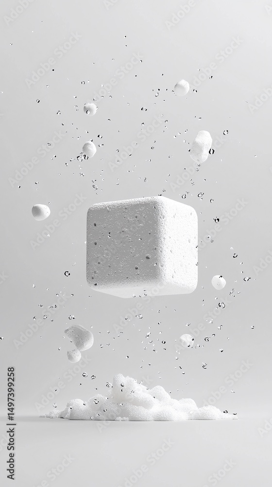 Poster white cube floating amidst particles in a minimalist setting