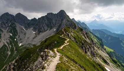 Naklejka premium Mountain range with a path leading up to it. The sky is cloudy