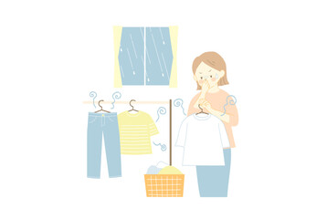雨の日に部屋干しした洗濯物が臭って嫌がる女性のイラスト