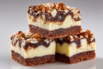 A delightful stack of three freshly baked cheesecake brownies, topped with crunchy walnuts, sitting on a reflective white surface under bright studio lights.