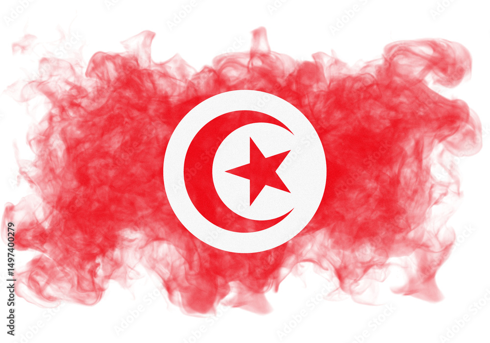 Poster abstract tunisian flag art features a textured red backdrop with a white crescent and star against a