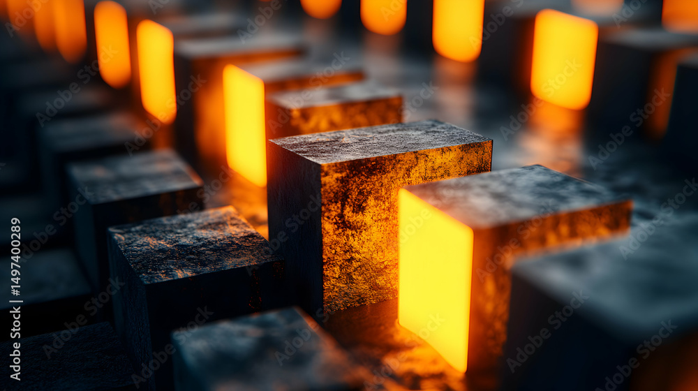 Poster glowing orange light emanating from dark grey stone cubes arranged in rows; abstract background imag