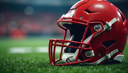 Fototapeta premium Close-up of an American football helmet, laces tied, ready for game , game day, first down, competition