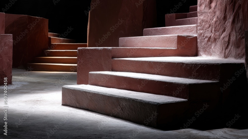 Poster A staircase is shown in a dark room with a light shining on it