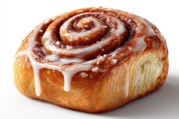 A delicious cinnamon roll with white icing, isolated on a white background, displaying the perfect golden-brown swirls and glaze for a tempting treat or snack.