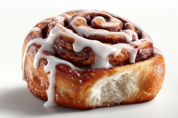 Close-up of a freshly baked cinnamon roll with a bite taken out, topped with delicious icing, on a bright white background, creating a tempting dessert image.