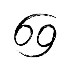 Cancer Zodiac Sign. Hand-Drawn Ink Calligraphy in Black and White Style on White Background, Astrology and Horoscope Symbol