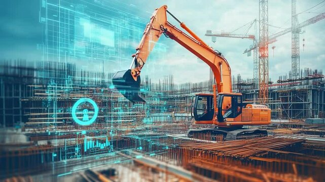 Construction Excavation: Capturing the raw power and modern technology of a construction site. An excavator diligently works amidst the skeletal framework of a burgeoning building.