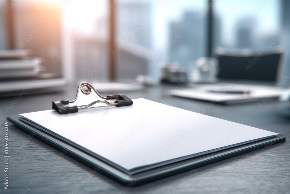 Poster a blank clipboard on a desk in an office setting, illuminated by warm sunlight, creating a professio
