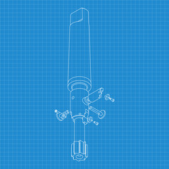 Mechanical engineering drawings. Tap tools, borer. Technical Design. Cover. Blueprint. Step Cutting Tool with Countersinking Function. Technical 3D Vector Illustration