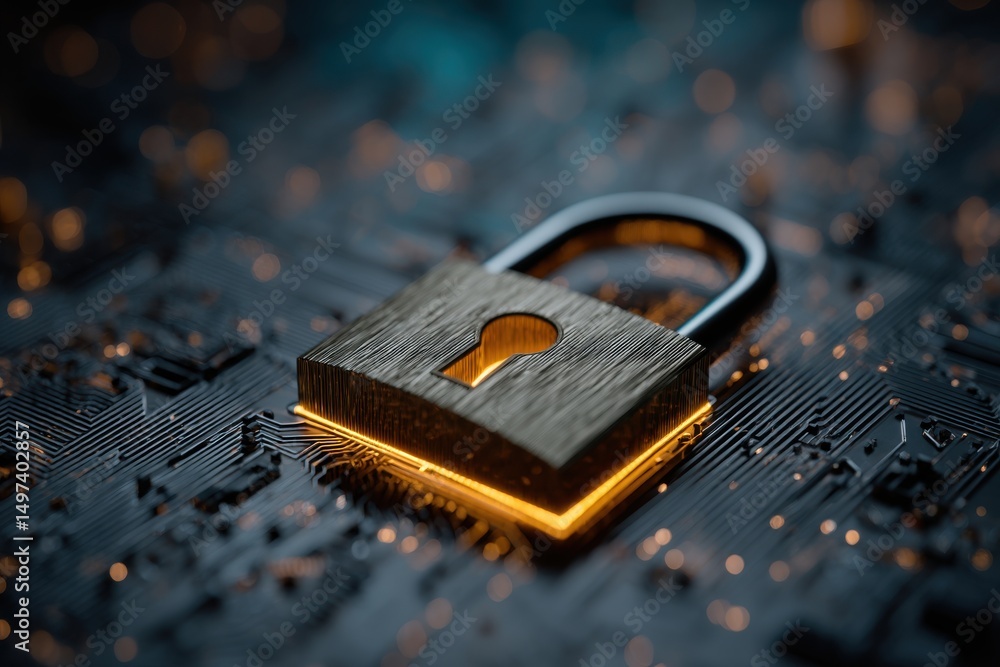 Poster padlock illustrating cyber security on a computer motherboard with golden lights, representing prote