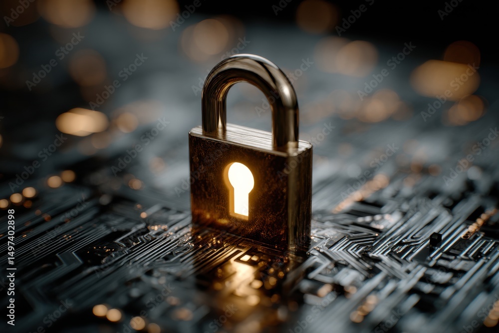 Poster a golden padlock on a computer circuit board represents cybersecurity and data protection. securing 