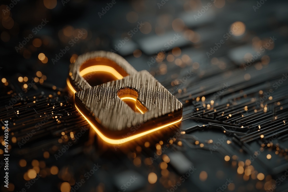 Poster a golden padlock with glowing edges, symbolizing security, positioned atop a complex computer circui