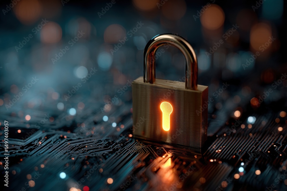 Poster a golden padlock protecting sensitive data on a complex circuit board with glowing lights, showcasin