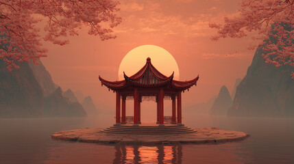 Red temple structure with fantasy landscape