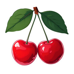 Realistic Cartoon Cherry Pair with Green Leaves – Fresh Fruit Illustration on White Background

