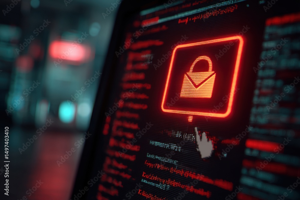 Poster a digital display showcasing a cyber security interface with a lock symbol, indicating data protecti