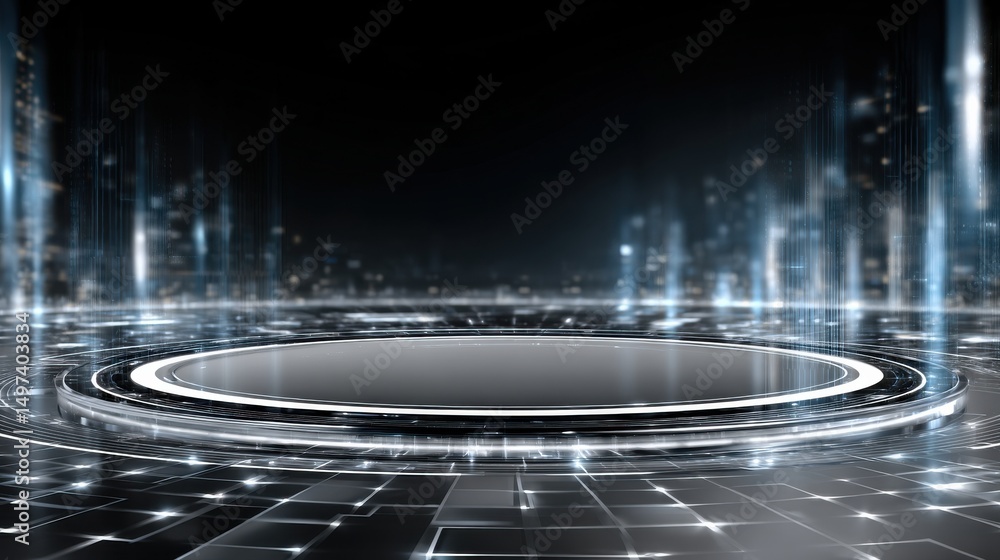 Poster a dark, futuristic cityscape with a large, circular void in the middle