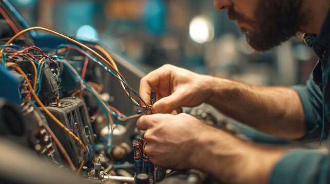 Mechanic repairs ATV electrical system. Hands of a man connect wires in car workshop. Repairman working on automotive tech. Automobile diagnostics service, checking auto parts.