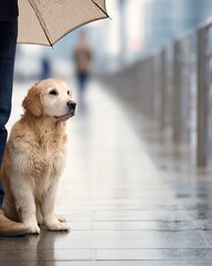 Rainy Season Dog Sheltering Golden Retriever Waiting with Owner on Rainy Street Under Umbrella