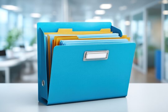 A bright blue file folder with colorful documents sitting on a white desk in a modern office, providing an organized and accessible way to manage important papers.