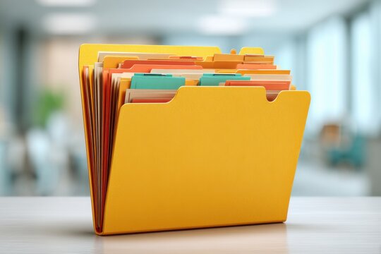 A bright yellow file folder overflowing with colorful documents, resting on a glossy surface, with an office environment in the background, representing organized paperwork.