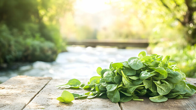 Fresh spinach arrangement on a rustic wooden surface amidst tranquil scenery