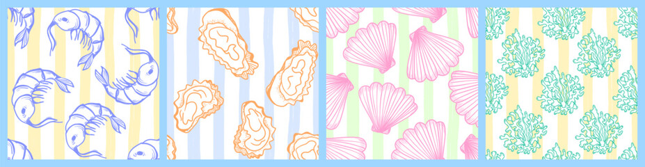 La dolce vita themed seamless pattern with Seafood. Seashell, Shrimp, Oyster, Seaweed print on striped background. Colourful hand-drawn vector inspired by Summer Italian aesthetic.