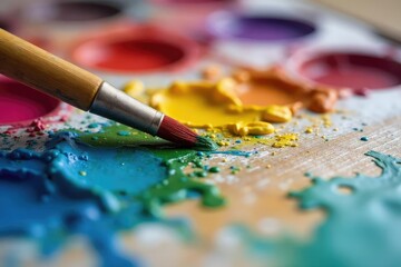 Fototapeta premium Close-up of vibrant paint colors mixing on a palette , painting supplies, macro