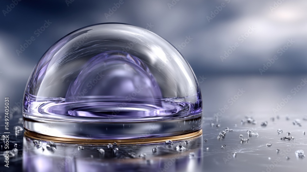 Poster a clear sphere with a purple tint sits on a surface