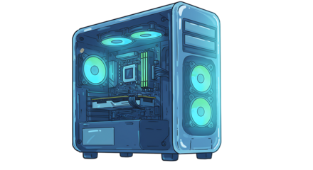Blue Computer Tower with Glowing Components
