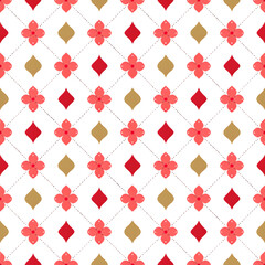 Seamless Geometric Floral Pattern with Red and Gold Diamond Motifs on White Background


