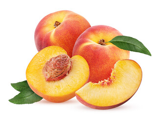 Two peach fruit one cut in half and slice with green leaf