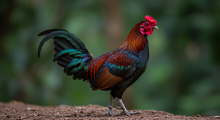 A handsome red rooster with long spurs, sharp eyes, black and strong legs