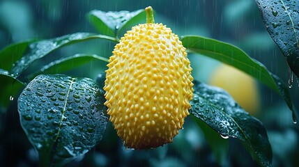 Fresh Yellow Guava with Raindrops and Green Leaves in Tropical Garden Setting, High Resolution Commercial Stock Photo