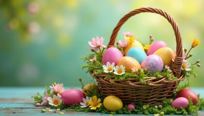 Colorful Easter eggs in a basket overflowing with spring flowers , chick, easter basket
