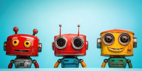 Fototapeta premium Vintage robot trio showcasing unique designs and vibrant colors against a bright blue background at a creative display event in an art studio
