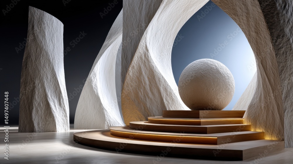 Poster a sculpture of a sphere is surrounded by a stone structure
