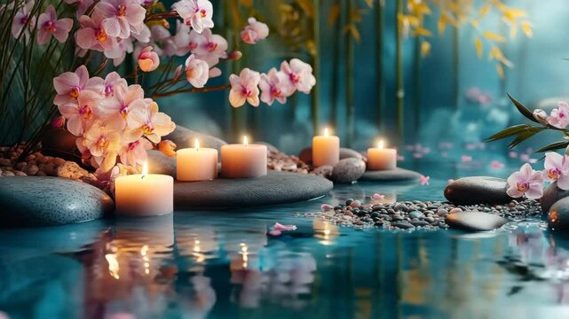 Serene Spa Scene with Aromatherapy Candles, Tropical Flowers, Bath Salt for Relaxation and Wellness Atmosphere