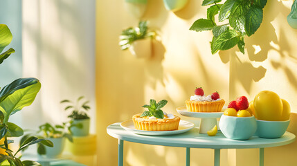 Sunny Kitchen Still Life Lemon Raspberry Tarts and Lush Greenery