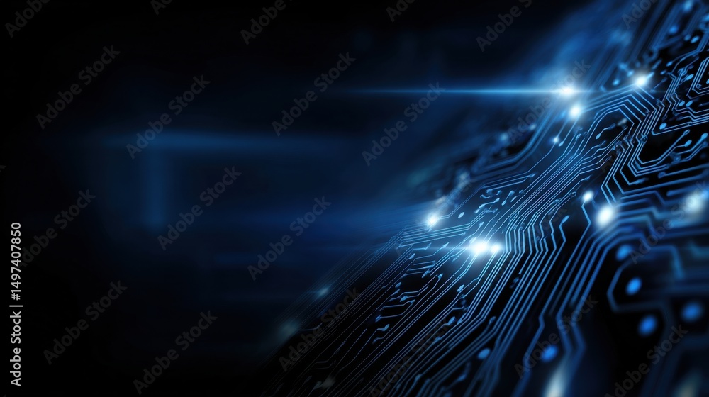Poster a blue computer chip with a bright light shining on it